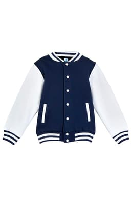 A navy blue and white varsity jacket featuring a button-up front and striped cuffs. It has a logo on the chest.