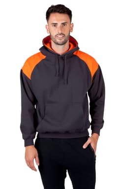 A blue and white men's hoodie with contrast panels, featuring a drawstring hood and modelled by a young man.