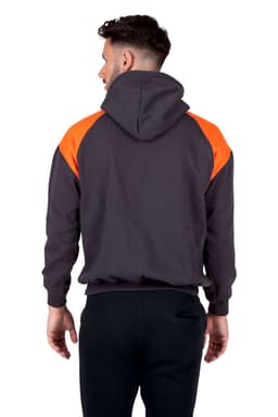 A black hoodie featuring white contrast panels on the shoulders and a hood, with a relaxed fit.
