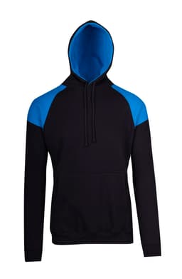 A black hoodie with blue contrast panels and a blue hood, featuring a front pocket and a hood with drawstrings.