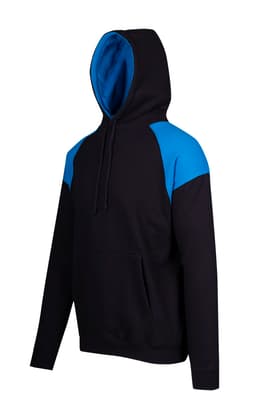 A black hoodie with blue contrast panels and a front pocket, featuring a hood and a logo.