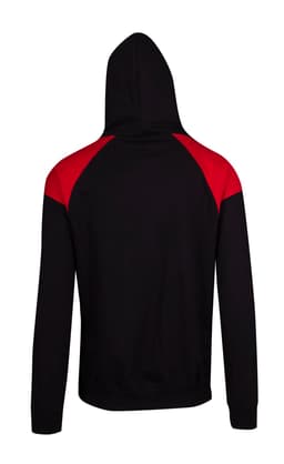 A black hoodie featuring red contrast shoulder panels and a hood, with a logo on the front.
