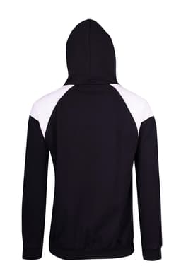A black hoodie with contrast white panels on the shoulders and a hood. Features ribbed cuffs and hem.