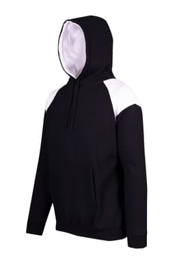 A black hoodie with white contrast panels on the shoulders and a front pocket. Features a hood and a logo.