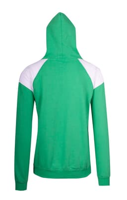 A green hoodie featuring white contrast panels on the shoulders. It has a hood and a fitted design.