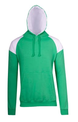 A green hoodie featuring white contrast panels, with a front pocket and a drawstring hood. It has a logo.