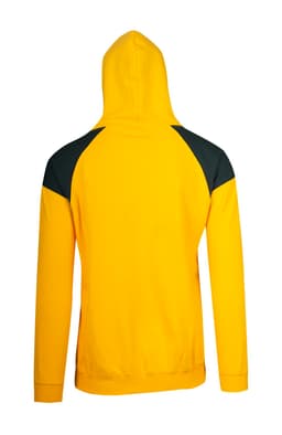 A yellow hoodie with a black contrast panel on the shoulders and a hood. Includes a logo on the garment.