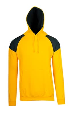 A bright yellow hoodie featuring black contrast panels, with a front pocket and an adjustable hood.