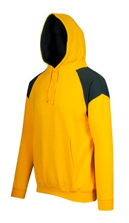A yellow hoodie with dark green contrast panels, featuring a front pocket and a drawstring hood.