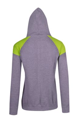 A grey hoodie with contrasting lime green shoulder panels and a hood, featuring a logo.