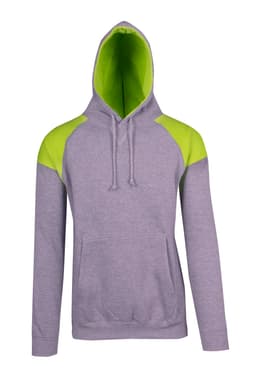A grey hoodie with contrast lime green panels on the shoulders and a hood. It features a front kangaroo pocket and has a logo.