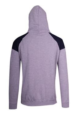 A grey hoodie featuring contrast black shoulder panels and a hood. It has a branded logo.