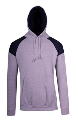 A grey hoodie with contrasting black shoulder panels and a hood, featuring a front pocket and a logo.