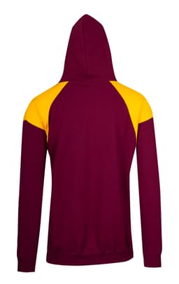 A maroon hoodie with yellow contrast panels on the shoulders, featuring a hood and a logo.