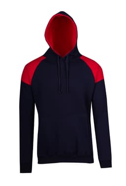 A navy blue hoodie with red contrast panels on the shoulders and a hood. It features a front pocket and a logo.