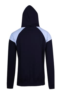 A navy hoodie featuring light blue contrast panels on the shoulders and a hood. Includes a logo.