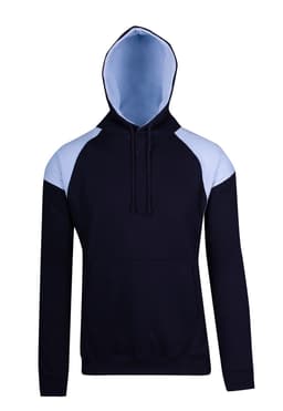 A men's hooded jumper in black with light blue contrast panels, featuring a front pocket and a logo.