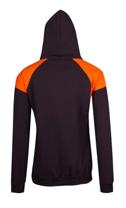 A black hoodie featuring orange contrast panels on the shoulders and a hood. It has a simple design with no visible logos.