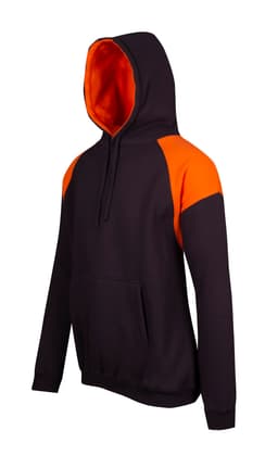 A black hoodie with orange contrast panels, featuring a front pocket and a drawstring hood. Includes a logo.