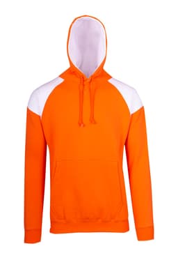 An orange hoodie with white contrast panels, featuring a front pocket and a drawstring hood.