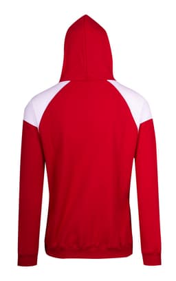 A red hoodie with white contrast panels, featuring a hood and a logo on the rear.