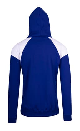 A blue hoodie with contrasting white panels on the shoulders and back, featuring a hood and fitted waistband.