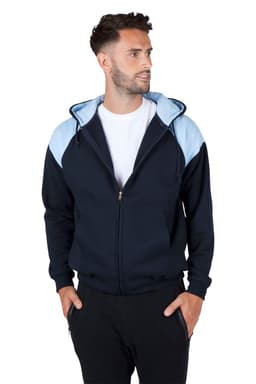 A red and black contrast zip hoodie for men, featuring a hood and side pockets, displayed by a male and female model.