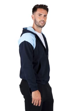 A navy blue hoodie with light blue contrast panels, featuring a front zip and a hood. It has a branding logo.