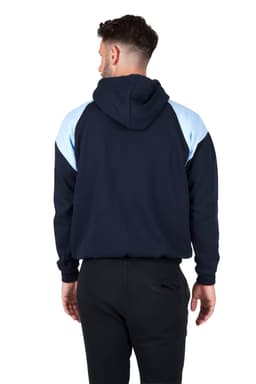 A navy and light blue men's shoulder contrast zip hoodie with a front pocket, featuring a logo.