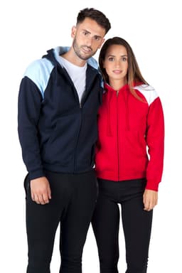 A navy and light blue zip hoodie and a red zip hoodie, both with contrasting shoulder colours, modelled by two people.