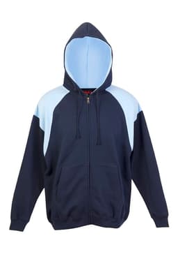 A navy blue hoodie with light blue contrast panels and a front zip, featuring a hood and two pockets.