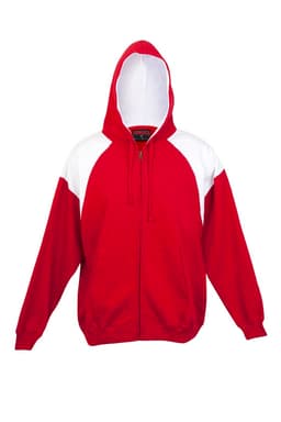 A red and white zip-up hoodie with a contrasting design, featuring a hood and front pockets. It has a logo.