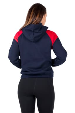 A navy and red women's hoodie featuring a shoulder contrast panel and a front pocket, alongside a hood.