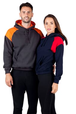 A grey hoodie with orange contrast panel worn by a man and a navy hoodie with red contrast panel worn by a woman.