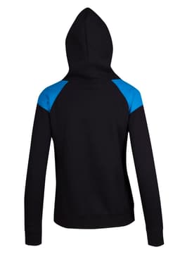 A black hoodie with blue contrast panels on the shoulders and a hood. It features long sleeves and a relaxed fit.