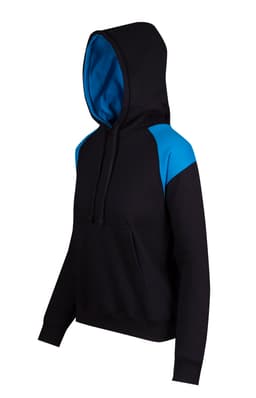 A black hoodie with blue contrast panel details and a front pocket features a drawstring hood. It includes a logo.