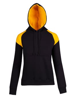 A black hoodie with yellow contrast panels, featuring a hood and a front pocket. It has a logo on it.