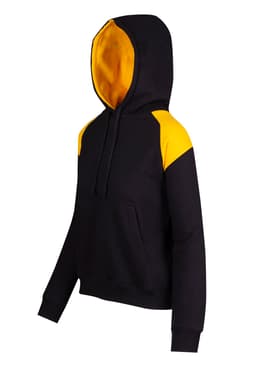 A black hoodie with yellow shoulder contrast panels and a hood, featuring a front pocket and a logo.