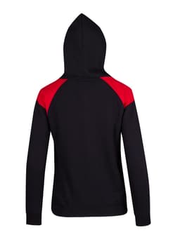 A black hoodie with red shoulder contrast panels and a hood, featuring a branding logo.