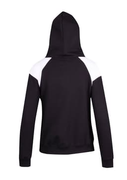 A black hoodie with white contrast panels on the shoulders, featuring a fitted design and a hood.