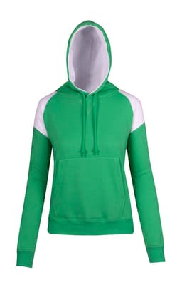 A green and white hoodie with a contrast panel design and a front pocket, featuring a hood and long sleeves.