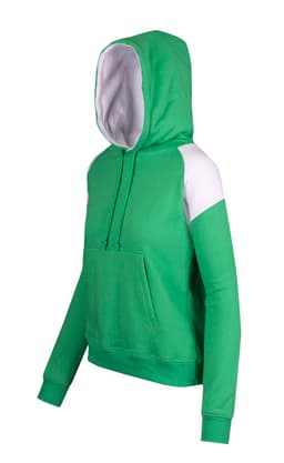 A green women's juniors hoodie with contrast white panels and a front pocket, featuring a hood and long sleeves.