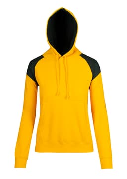 A yellow hoodie with a black contrast panel on the shoulders and a kangaroo pocket. It features a hood and has a logo.