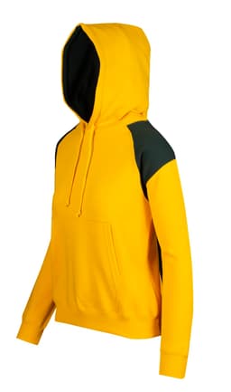 A yellow hoodie featuring dark green contrast panels on the shoulders and kangaroo pocket, with a hood.