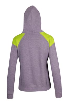 A grey hoodie with black contrast panels on the shoulders and a hood, featuring a logo on the back.