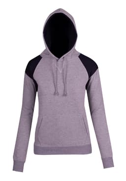 A grey hoodie with black shoulder contrast panels and a drawstring hood, featuring a front pouch pocket and a logo.