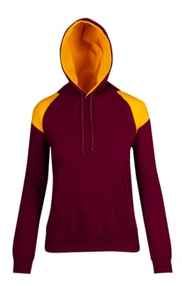 A maroon hoodie featuring contrasting yellow shoulder panels and a matching hood, with a front pocket and drawstring.