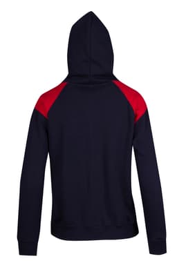 A navy hoodie with red contrast panels on the shoulders and a hood, featuring a logo on the back.