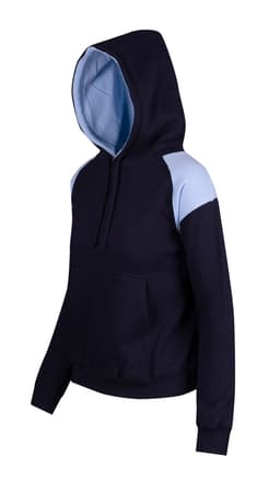 A navy and light blue women's juniors shoulder contrast panel hoodie with a kangaroo pocket and hood. Features a logo.