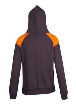 A dark grey hoodie with orange contrast panels on the shoulders and a hood. Features a logo on the back.